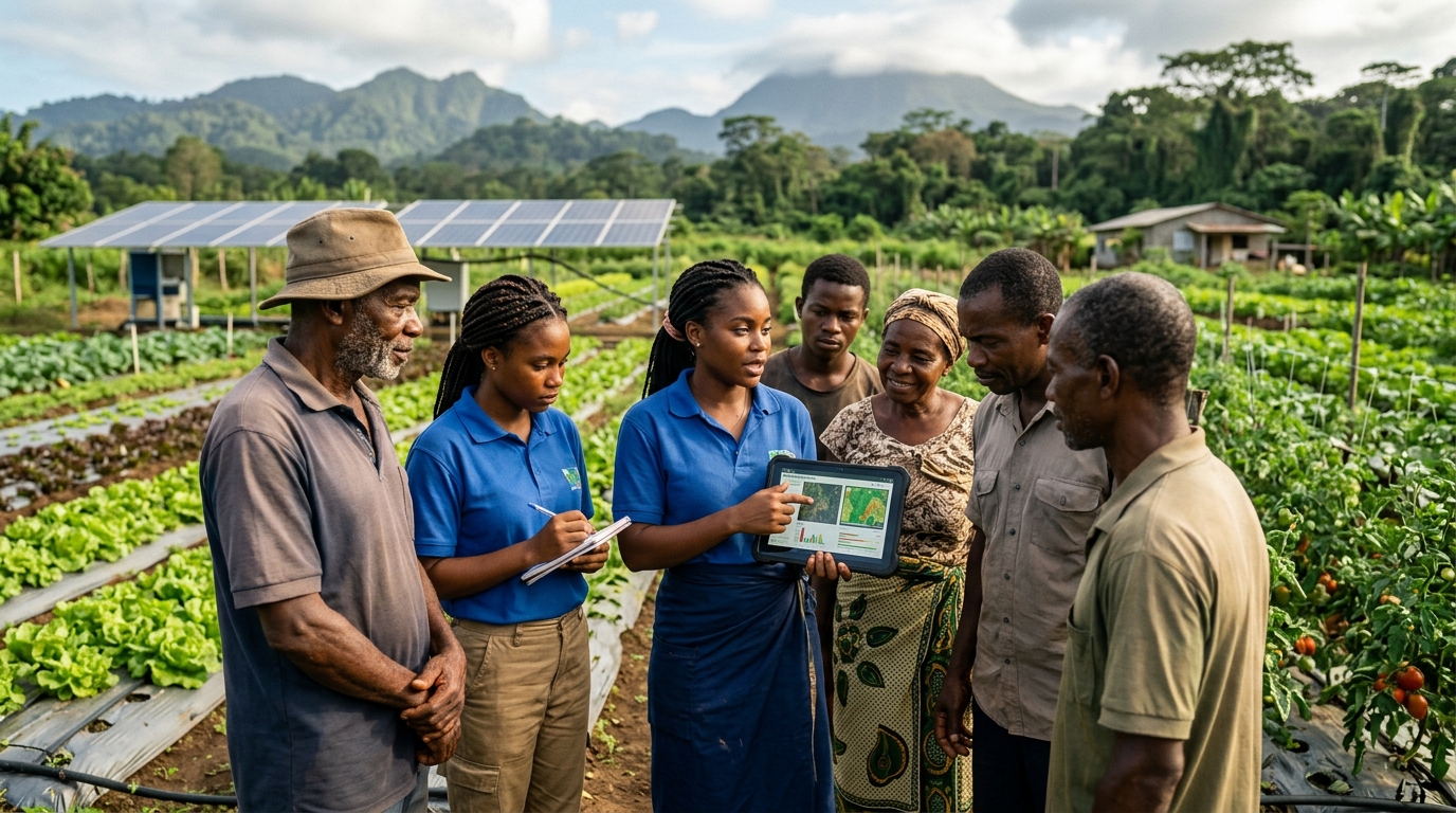 Local farmers and students being trained on smart irrigation and IoT data reading.